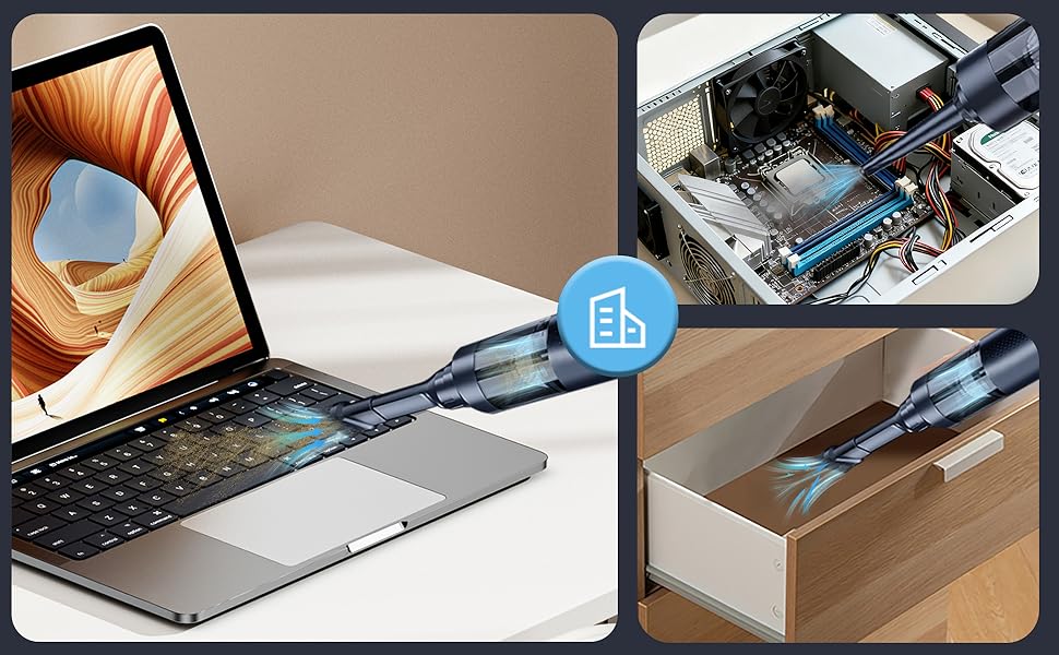 Handheld vacuum cleaning dust and debris from a keyboard, computer case and desk drawer surface