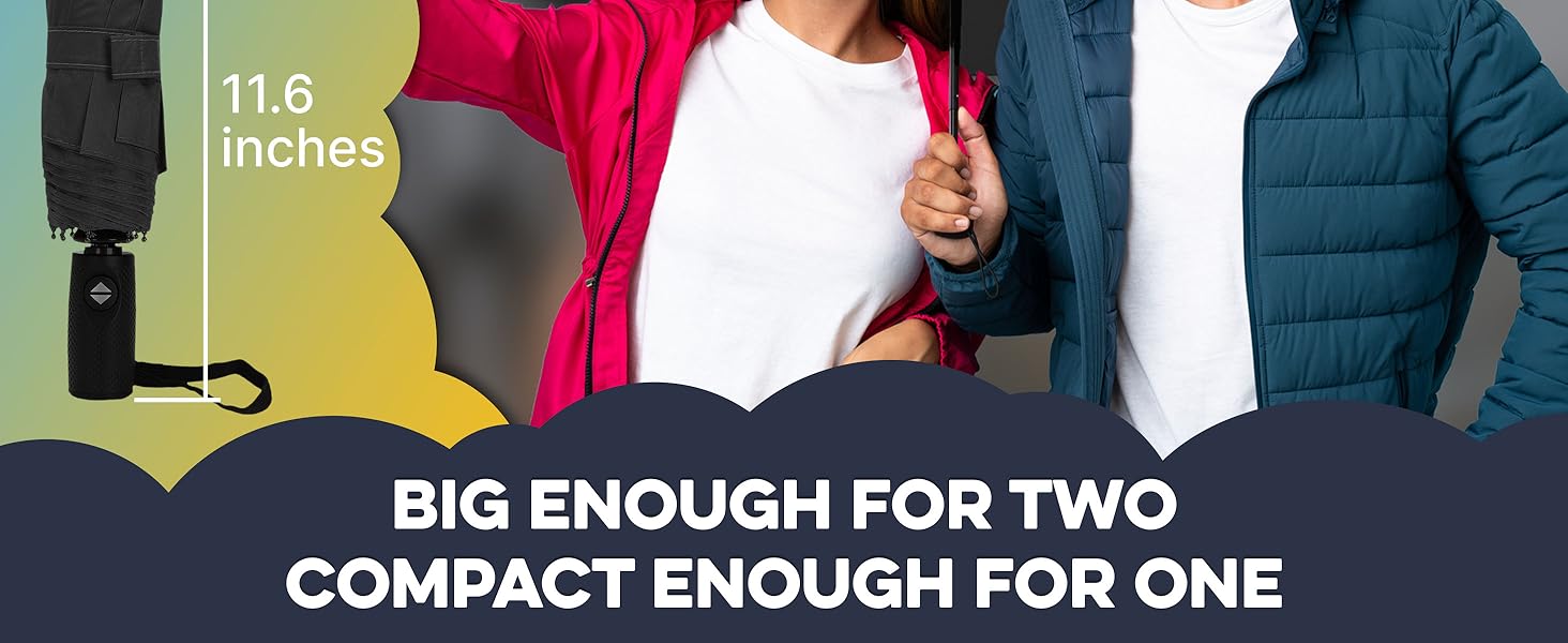 Text reads 'BIG ENOUGH FOR TWO COMPACT ENOUGH FOR ONE' and '11.6 inches'. Multiple images showing people demonstrating use of an item.