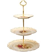 YOLIFE 3 Tiered Cupcake Stand, Cream Color Cake Platters, Flowering Shrubs Emboss Golden Leaves E...