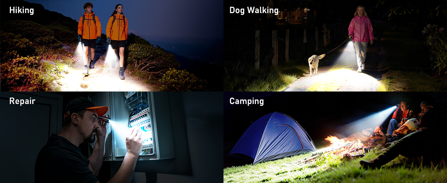 Text reads 'Hiking', 'Dog Walking', 'Camping'. Nighttime scenes showing flashlight or headlamp use in outdoor activities including tent camping and walking.