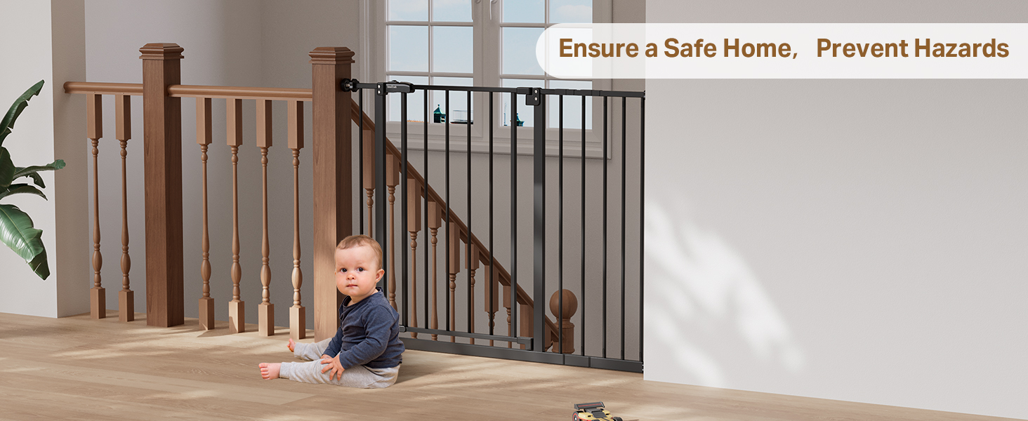 Baby safe on floors—black gate blocks stairs. Slogan: &amp;#34;Ensure a Safe Home, Prevent Hazards