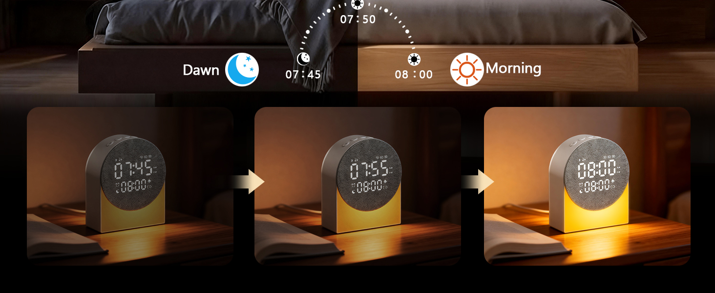 Sequence showing progressive lighting effects from an LED strip or light bar, with digital clock displays showing different times. Light transitions from dim to bright warm glow.