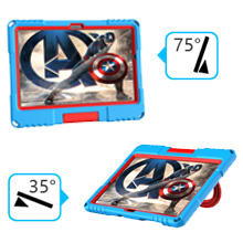 Blue protective tablet case with adjustable viewing angles of 35 and 75 degrees, shown in multiple positions with kickstand feature.
