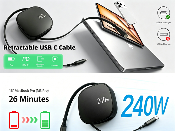 Retracttable USB C Cable 240W