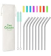 Teivio 8 Pack Short Stainless Steel Straws 6 inch Bent Metal Reusable Straws with Silicone Tips a...