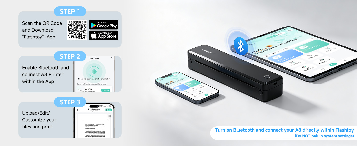A8 Bluetooth printer to an iPhone, Android phone, or tablet through the Flashtoy app
