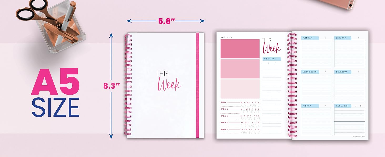 An easy to carry A5 planner with no bleed-through 100gsm premium paper &amp; sturdy 700gsm covers.