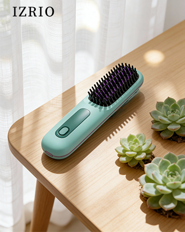 Mint KNISUZ cordless straightener brush on wooden table with succulents