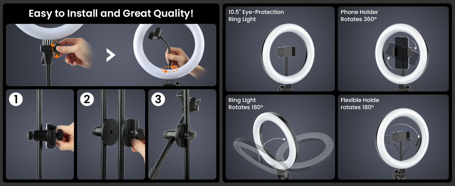 Installation guide for a circular LED ring light, showing step-by-step mounting process and multiple lighting modes.