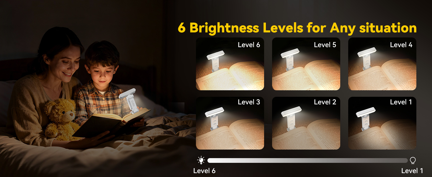Rechargeable book light with 6 brightness levels for any situation