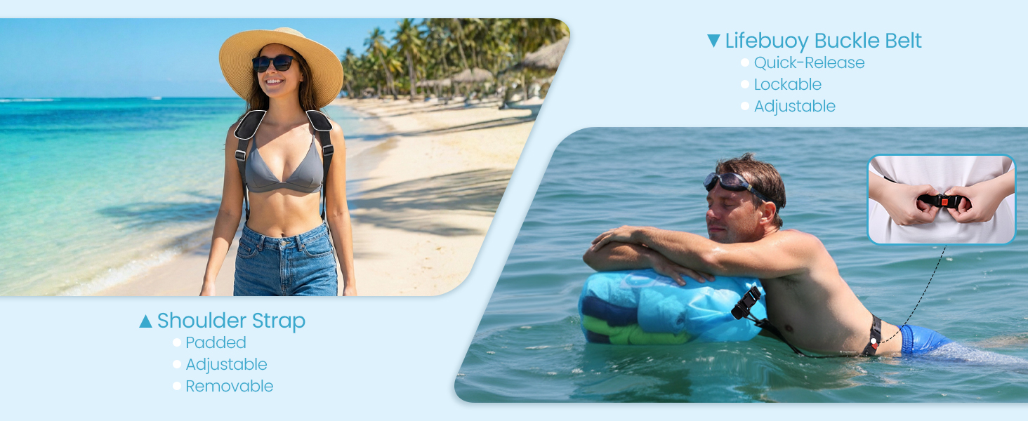 20l dry bag for beach trips &amp;amp; swimming: padded shoulder strap &amp;amp; quick-release lifebuoy buckle belt