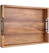 Joy&amp;Grace Acacia Wooden Serving Tray with Metal Handles 16.7 x 12.8 inch Decorative Ottoman Tray ...