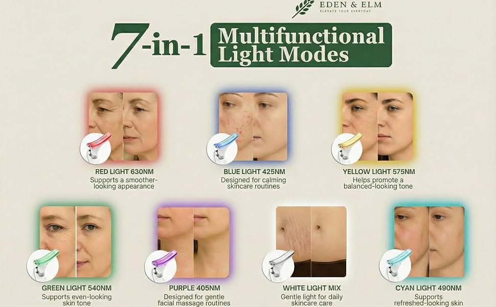 Face and neck massager shown with multiple LED light colors for customizable skincare routines.