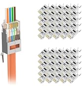 VCELINK 50-Pack Cat7 Cat6A Shielded Pass Through RJ45 Connectors, UL-Listed 3-Prong Gold Plated C...