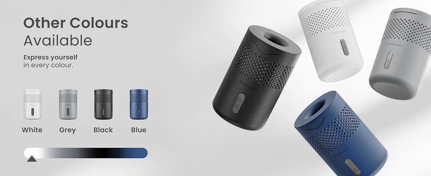 Cylindrical portable speakers in various colors. Main image shows gray, white, and blue models. Color options panel displays additional choices.