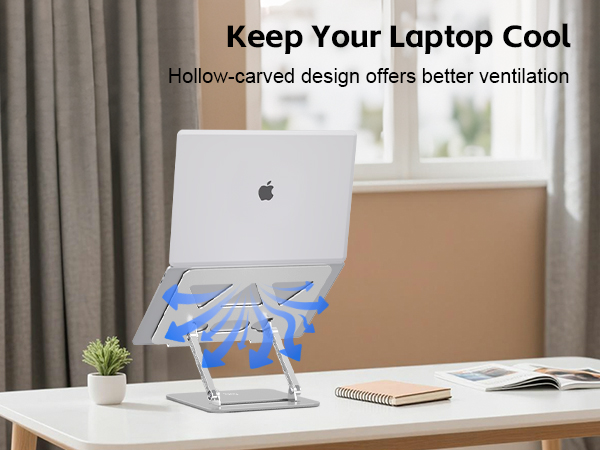 Laptop stand with open airflow design improves ventilation and helps laptops stay cooler