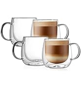 CNGLASS 16oz Double Walled Glass Coffee Mugs(4-pack),Large Clear Coffee Cups with Handle,Glass Es...