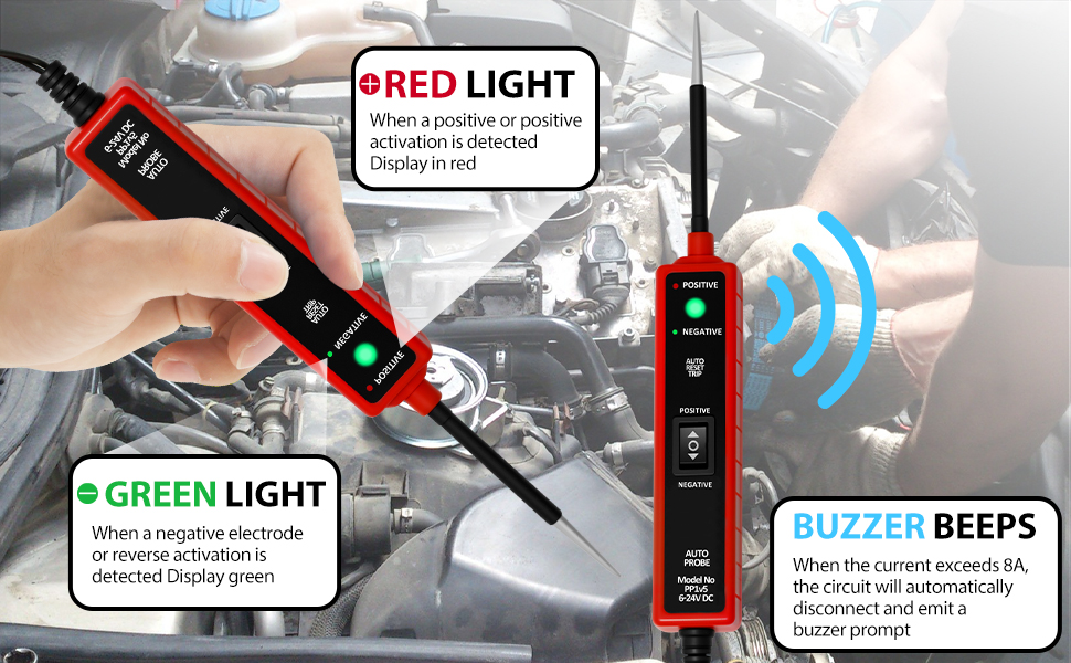 Red and green warning lights and buzzer