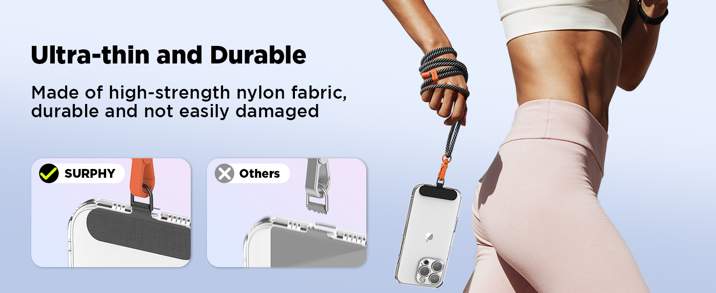 Ultra-thin phone case advertised as durable and made of high-strength nylon fabric. Comparison images show case thickness versus others. Person demonstrating attachment of case to phone.