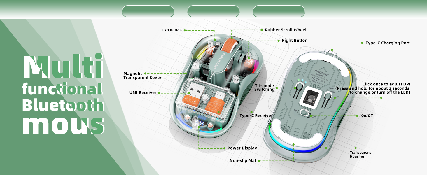 Transparent Bluetooth Mouse with USB &amp; Type-C Two Receiver, Small Portable Silent Wireless Mice
