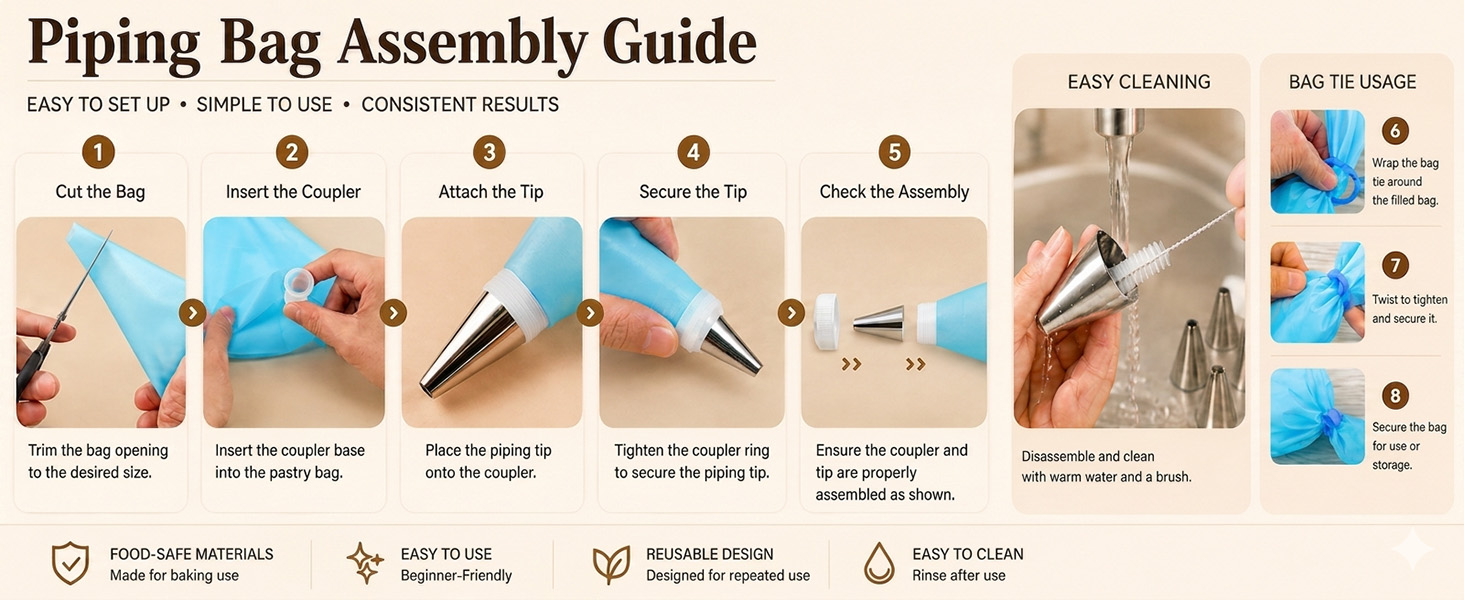 Byfryna piping bag assembly guide with tips, couplers and cleaning steps
