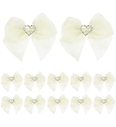 AIMUDI Pre-Tied Ivory Organza Bows with Rhinestone 3" Cream Ribbon Bows with Heart Diamante Bows ...