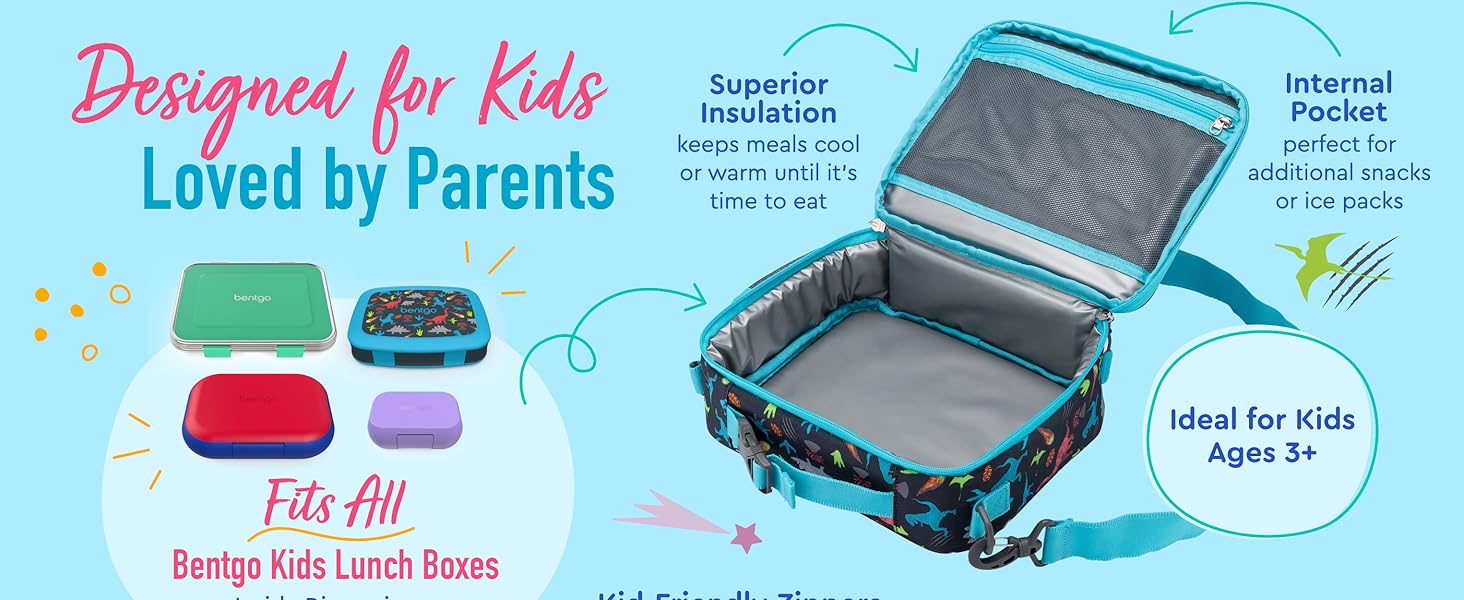 designed for kids loved by parents premium insulation pockets zippers compartments straps fun prints
