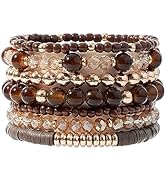 GOOJIDS Surfer Heishi Clay Bead Bracelets for Women Bohemian Stackable Gold Beaded Stretch Bracel...