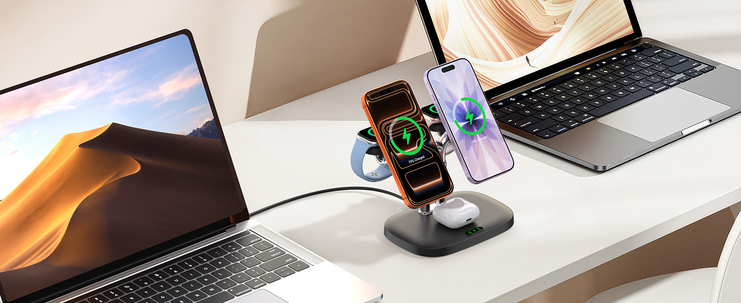 Multiple devices on white desk surface including laptops, smartphones and smartwatches arranged to showcase wireless charging capabilities.