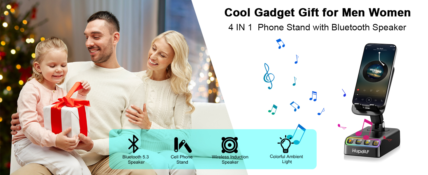 Text reads: 'Cool Gadget Gift for Men Women'. Product advertisement showing wireless device with icons indicating Bluetooth and audio functionality.