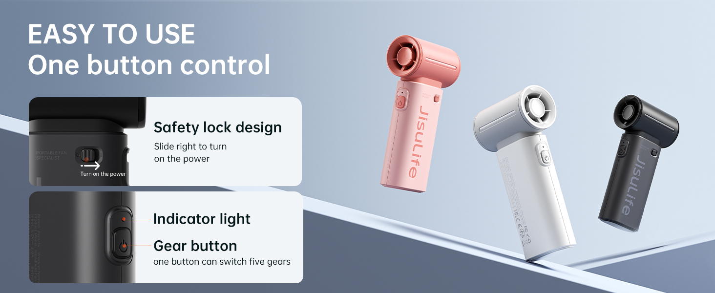 Compact handheld devices in different colors. Features one-button control, safety lock design, indicator light, and gear button.