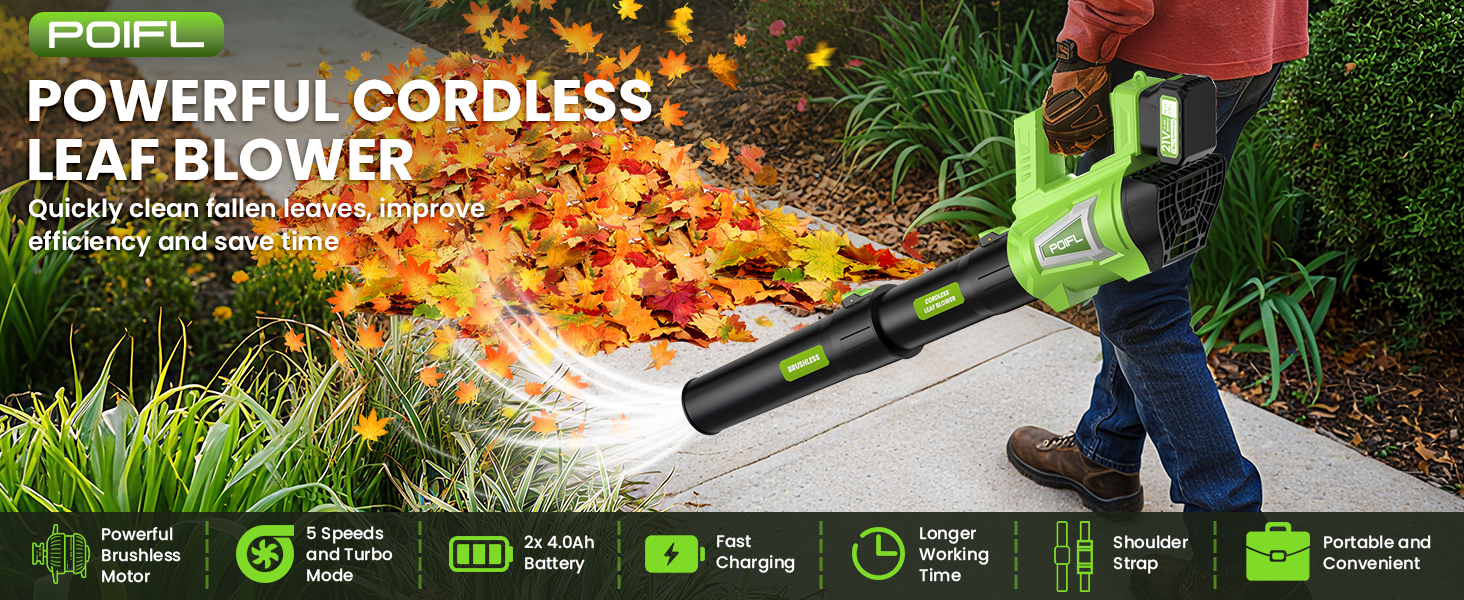 Text reads 'POWERFUL CORDLESS LEAF BLOWER'. Marketing images showing cordless leaf blower being used to clear outdoor debris and leaves.
