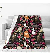 Cat Flower Throw Blanket Soft Flannel Blanket 60"x50" in Bed Blanket Home Decor for Room Sofa Cou...