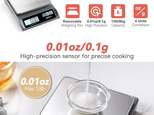 BOMATA 0.1g Food Scale, 13lb Digital Kitchen Scale with Removable Stainless Steel Pan