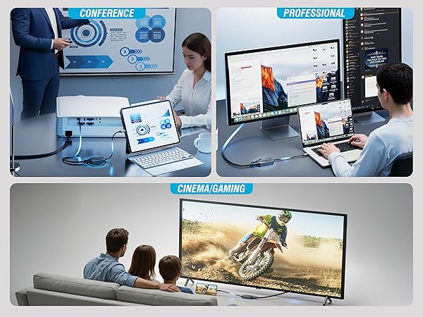 Multi-panel product demonstration showing digital screens and devices in office setting, including laptop displays and widescreen monitor showing various software interfaces and gaming content.