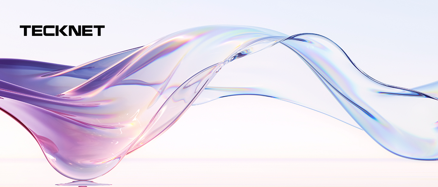 Abstract image with flowing, ribbon-like shapes in purple and blue hues against a white background. TECKNET logo visible in upper left corner.