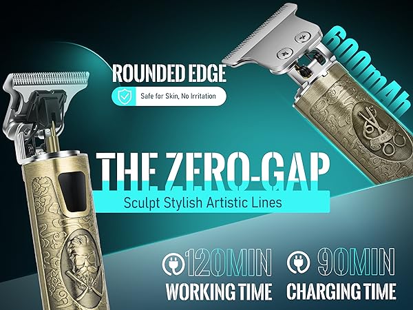 Text reads 'THE ZERO GAP', 'ROUNDED EDGE', 'WORKING TIME: 120MIN', 'CHARGING TIME: 90MIN', 'Sculpt Stylish Artistic Lines'. Professional trimmer with metallic gold-colored detailing and blue lighting accents.
