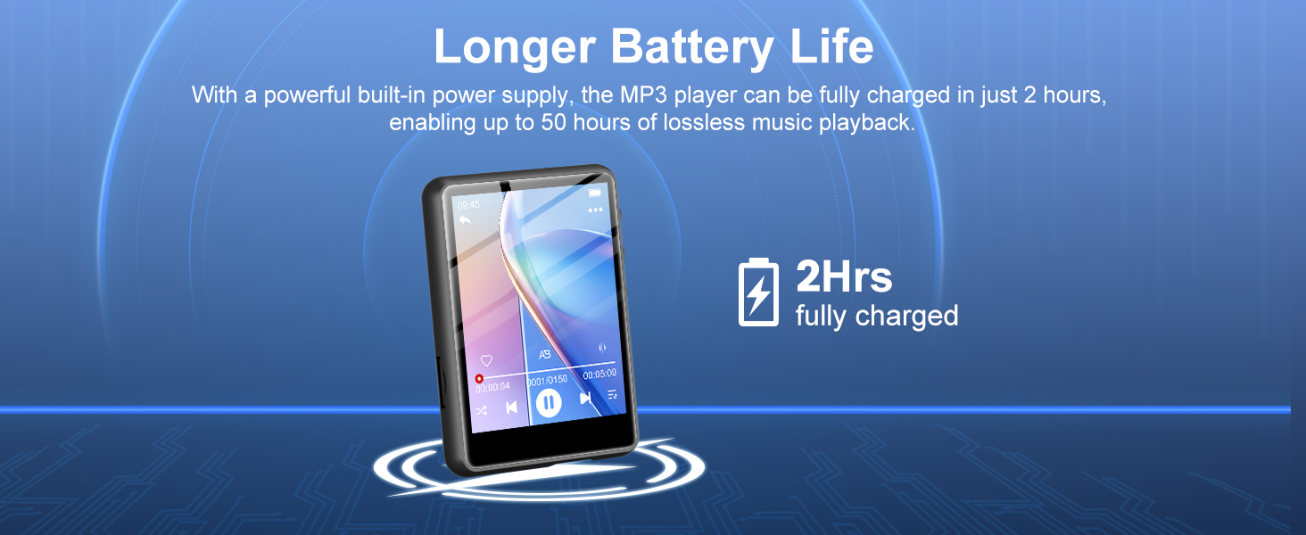 Smartphone with blue screen displaying battery icon. Text highlights 2-hour full charge and 50 hours of music playback. Device shown floating above reflective surface with ripple effect.