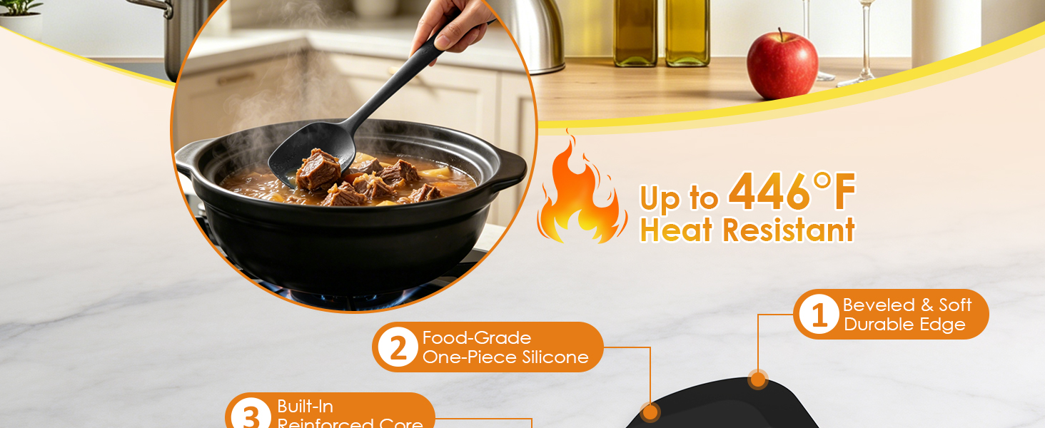 Silicone kitchen spatula stirring stew in a pot, heat resistant up to 446°F