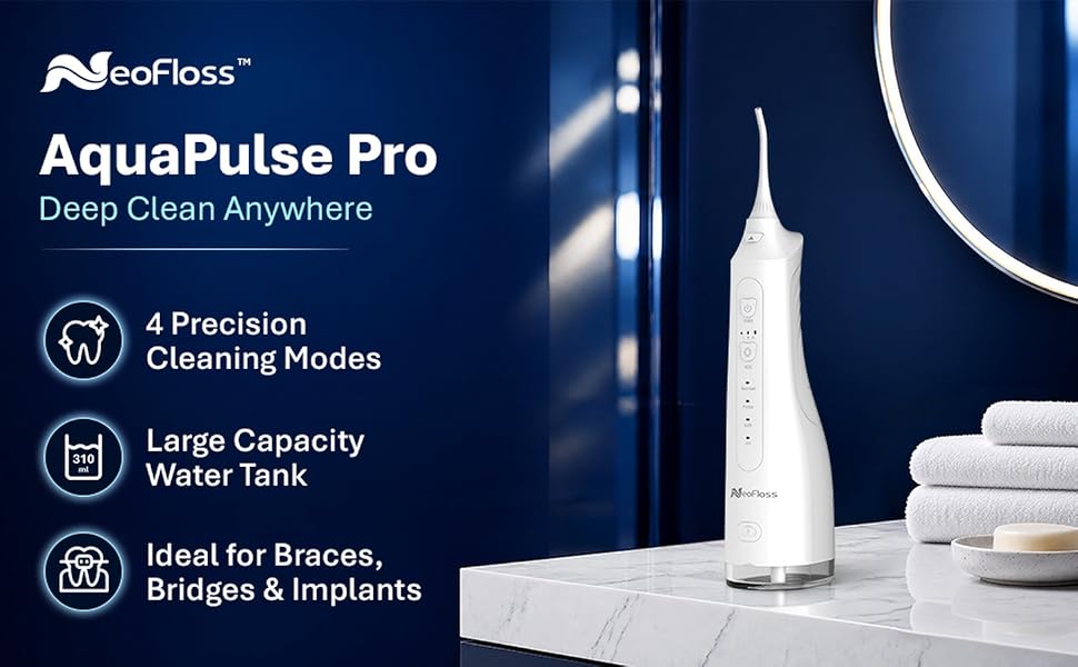 NeoFloss AquaPulse Pro WT288 cordless water flosser with 4 cleaning modes, 310ml tank