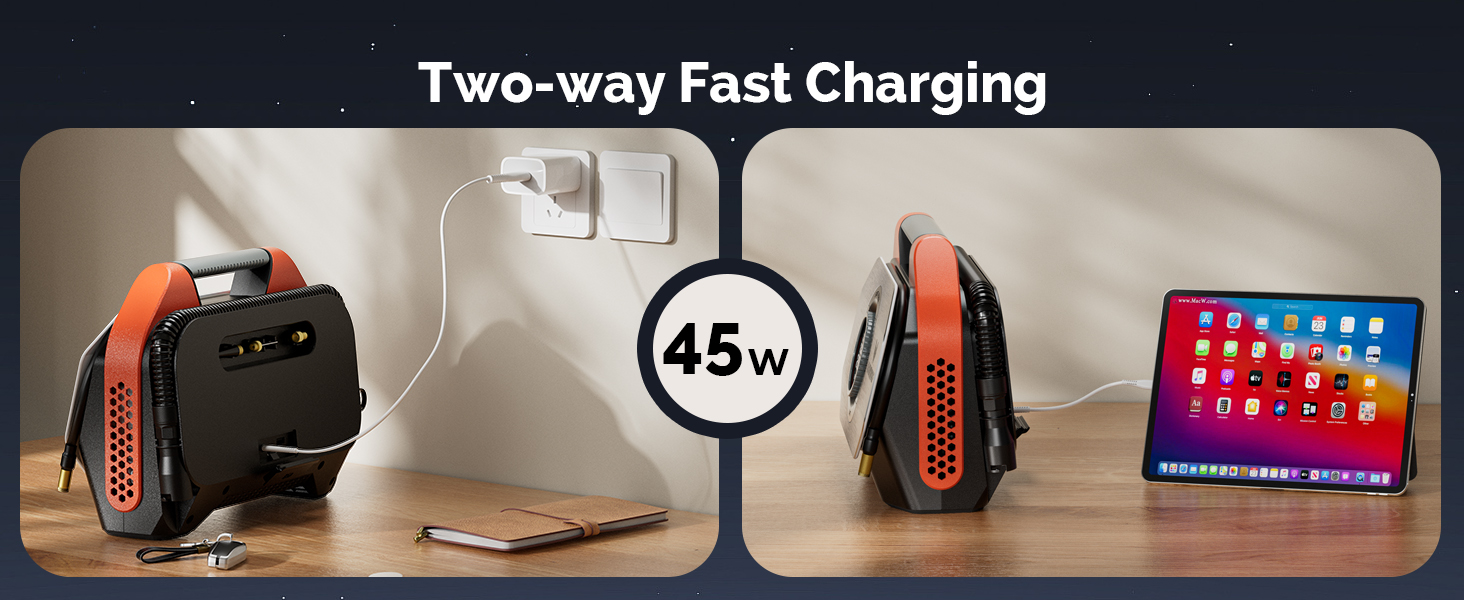 portable air compressor with USB-C 45W dual-direction fast charging port