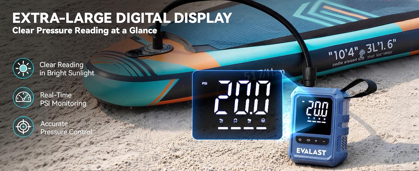 EVALAST electric SUP pump with a large digital pressure display beside an inflatable paddle board.