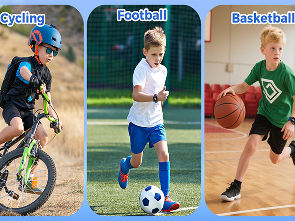 Text reads "Cycling Basketball". Sports activity collage showing various athletic activities including cycling and basketball players in action.
