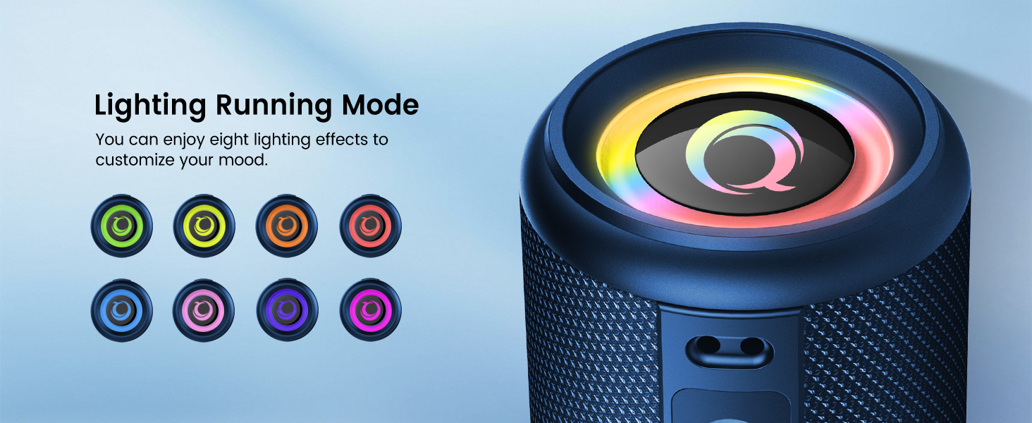 Text reads 'Lighting Running Mode'. Black cylindrical speaker device with LED lighting effects shown in various operational modes.