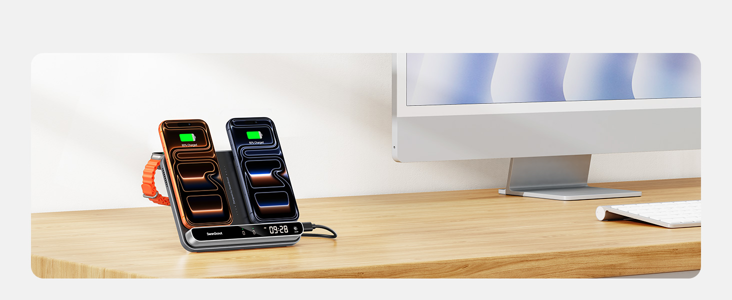 Assortment of charging cables and adapters displayed on a wooden surface, showing multiple connection types and ports.