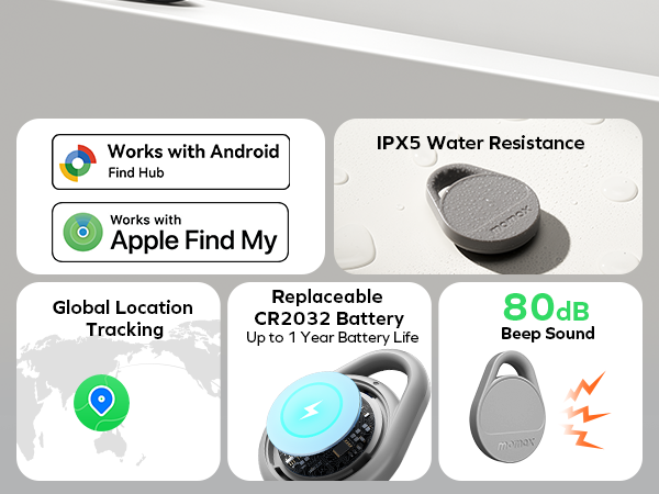 Text includes 'Works with Android', 'IPX5 Water Resistance', 'Apple Find My'. Technical specification icons and features for a smartwatch device with health monitoring capabilities.