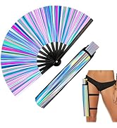 Folding Hand Rave Fan with Leg Holster, 13" Clack Handheld Fan Reflective Hand Fan for Music Fest...
