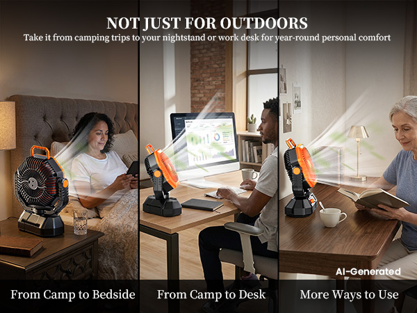 Useful at home and office too. This fan for camping tent doubles as a desk or bedside fan