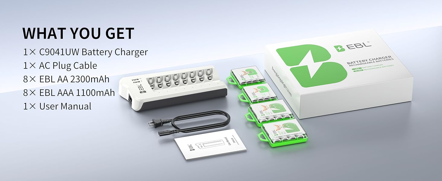 EBL Rechargeable AA AAA Battery Charger could charge 1-8 Ni-MH Ni-Cd AA AAA rechargeable batteries