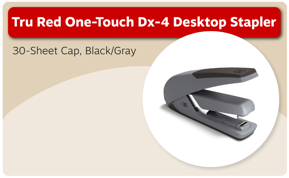 Tru Red One-Touch Dx-4 Desktop Stapler, 30-Sheet Cap, Black/Gray 